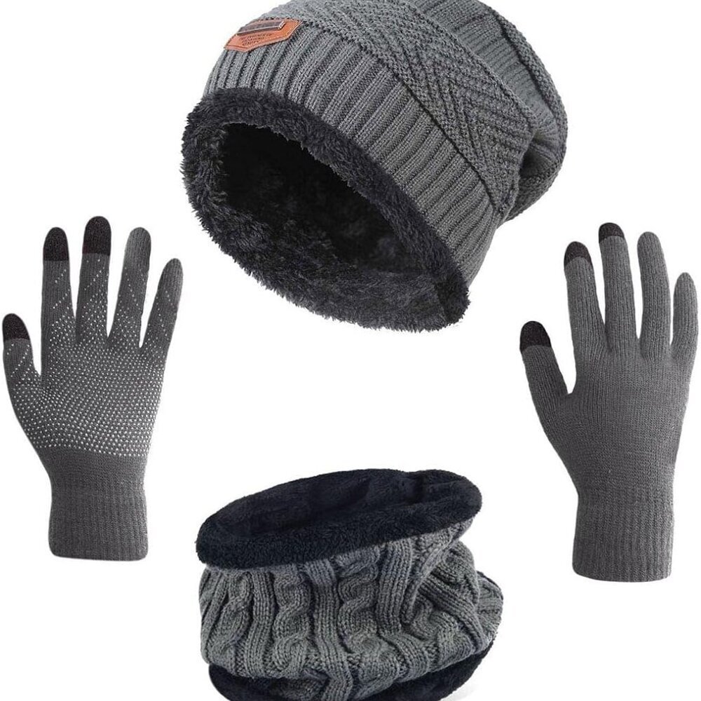 Winter Hat Scarf Gloves Slouchy Beanie Snow Knit Skull Cap Touch Screen Mittens